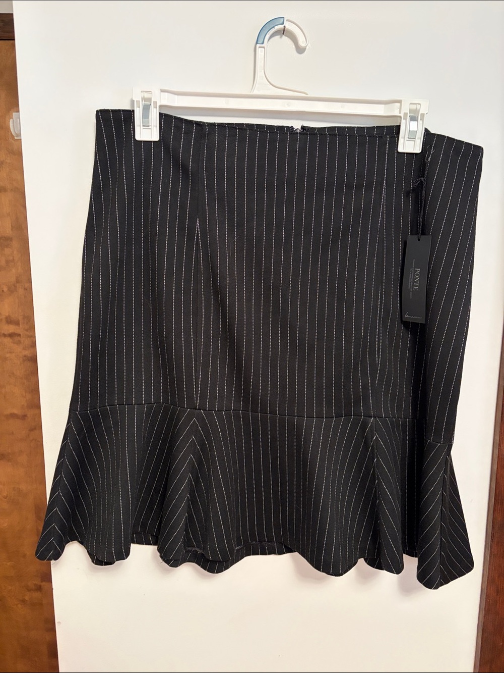 Lane Bryant Black Pinstripe Ruffle-Hem A-Line Skirt